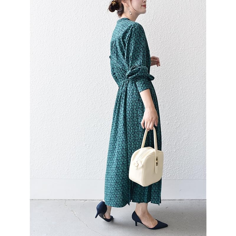 [Ships Ladies] SHIPS for women one piece WEB limited Hand washable dot/floral pattern band color side pleats ladies 314514409 dark green M