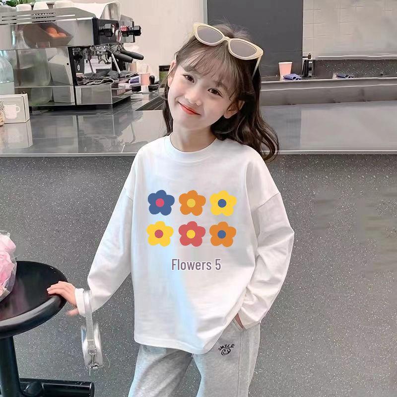 Girl's 100% Cotton Long Sleeve Breathable T-shirt - Stylish 2024 Spring/Autumn Base Layer