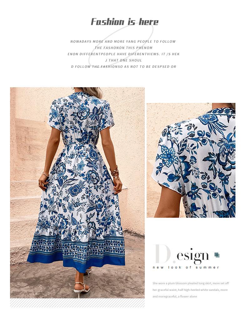 Retro Blue Ethnic Print Holiday Dress - Slim Fit