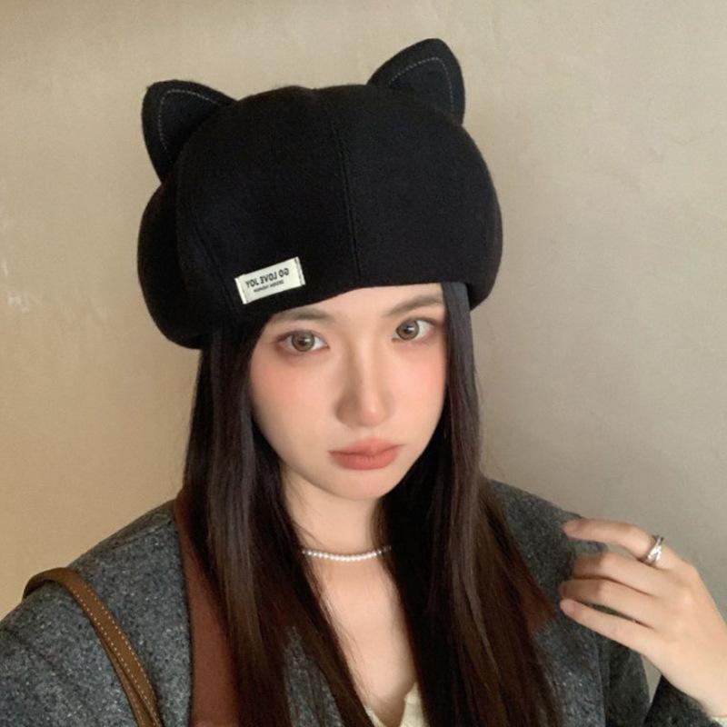 Niedliche Katzenohren Baskenmütze für Damen im Herbst und Winter Neuer Stil Vielseitige Kleine Kürbishut Japanische Wollene Warme Malermütze
