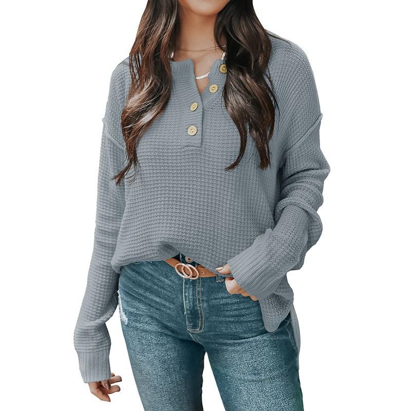 

Women s Casual Long Sleeve Knitted Sweater with Button V Neck Autumn Winter Style Luxurious Relaxed-fit Slimming and Versatile Top S