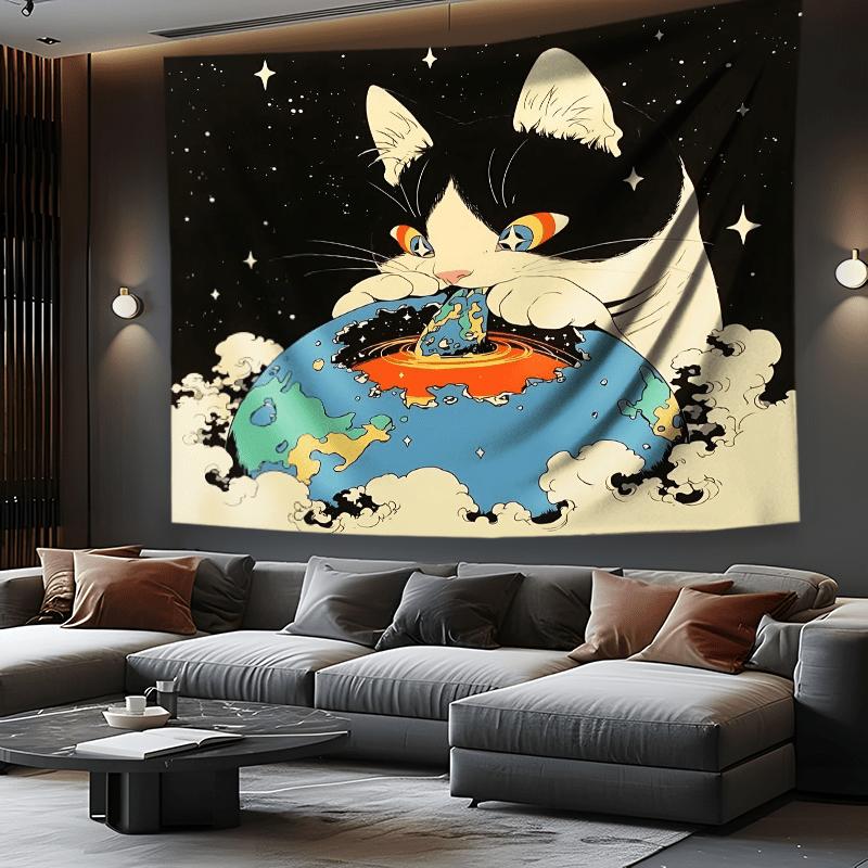 Cosmic Cat Playing With Earth Tapestry 2D Single Print Durable Tapestry Home Bedroom Living Room Dorm Space Cat Lover Vibe Decor