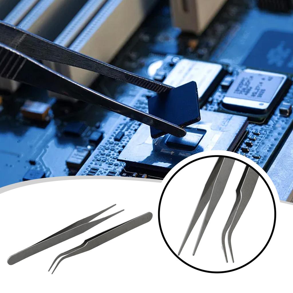 2pcs Stainless Steel For Mini Tweezers Dismantling Repair Tool Curved Straight Tip Electronic Industry Precision Tweezers