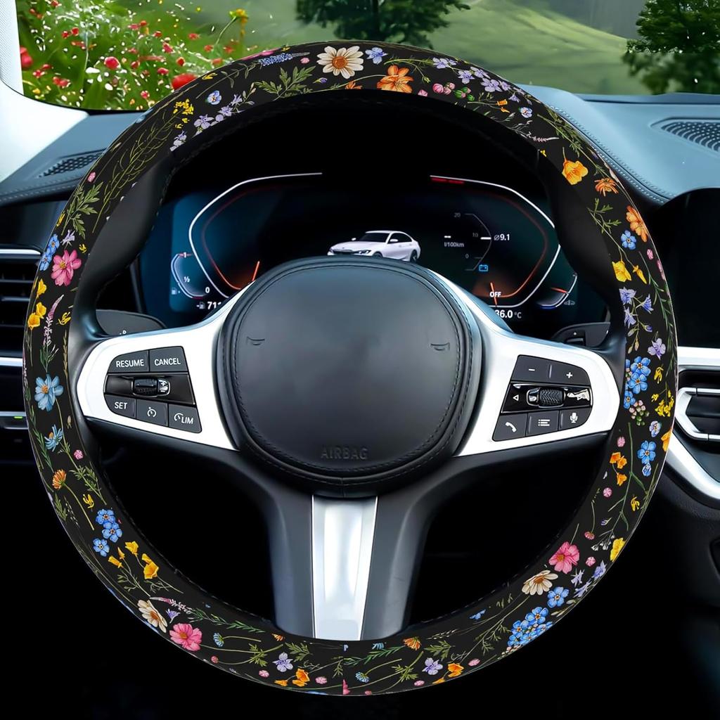 Wildflower Car Steering Wheel Cover, Flower Car Accessory For Diverse Cars, Cute Floral Print Steering Wheel Cover Protector For Women, For Steering