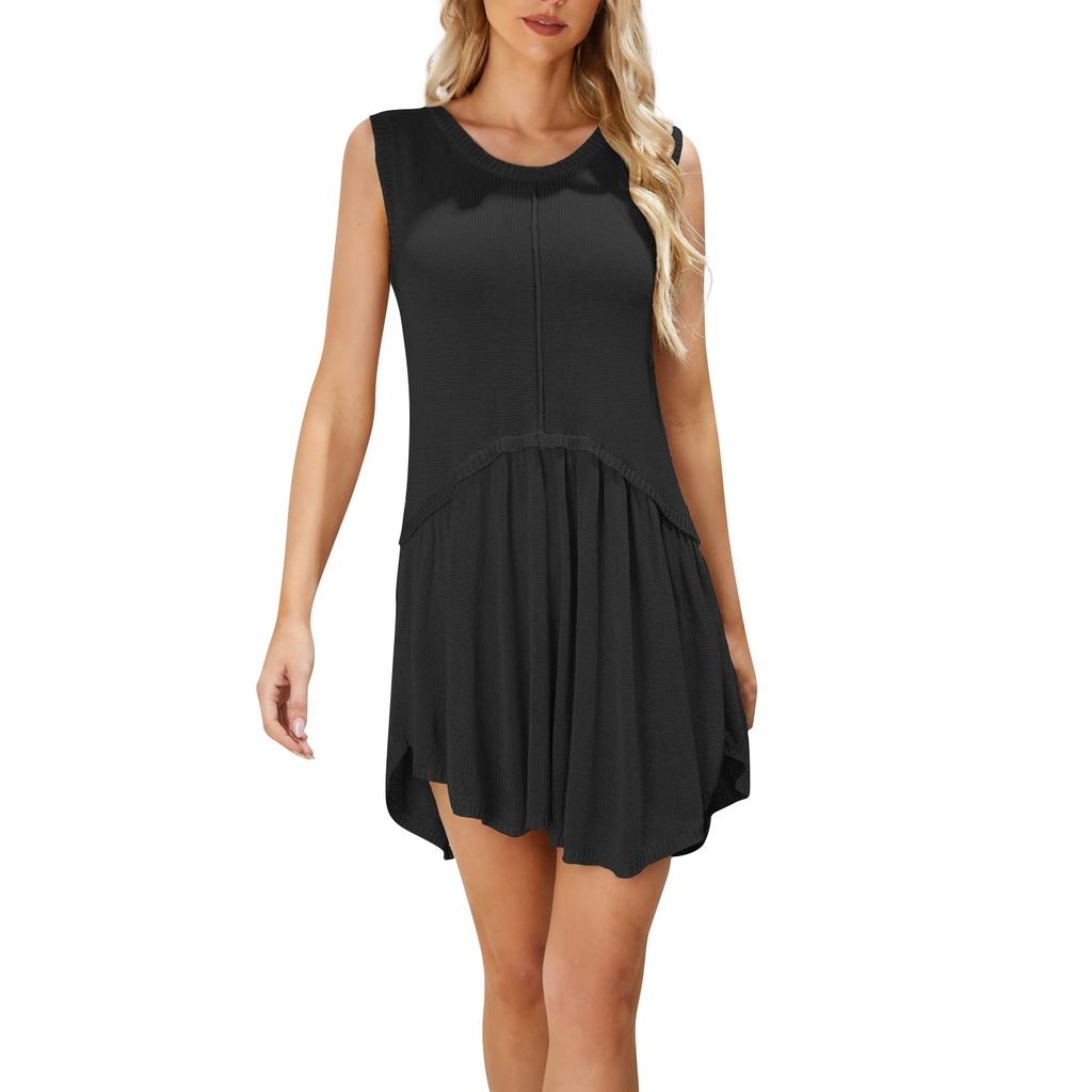 Dress For Women Knit Spring Summer Sexy Cut-out Sleeveless Waist Fitting Solid Color Party Dress