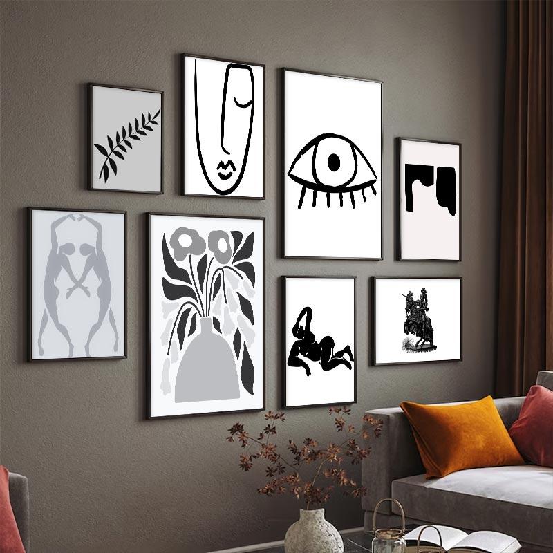 Portrettkunst Linjekunst Veggkunst Abstrakt Fargeblokk Bladplakat Svart og Hvitt Nordisk Lerretsmaleri For Stuedekorasjon
