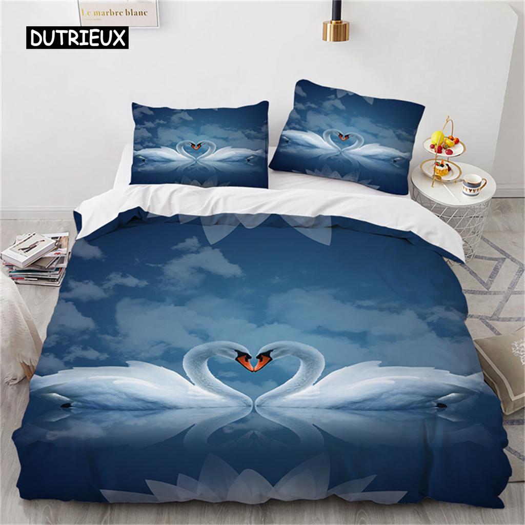 Romantische Schwan Bettbezug Mikrofaser Blume Bettwäsche Set Bettdeckenbezug Extra Groß Einzelbett für Liebhaber Schlafzimmer Romantische Dekoration