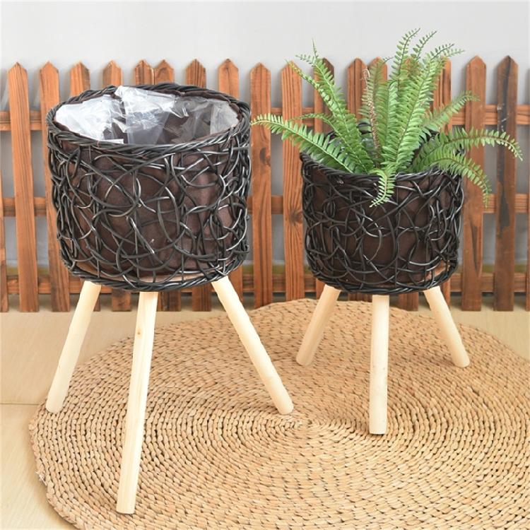 Wood Legs Plant Holder Stool for Home Decoration Stable Floor Planter Basket Woven Balcony Flower Pots Display Shelf