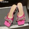 Fashion Eilyken Summer Glitter Crystal Butterfly-knot Slippers Women Fashion Square Toe Transparent Low Heels Female Slides Shoes