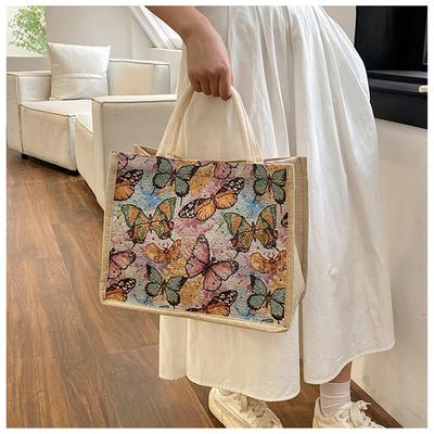 Bolso de mano de lino estampado para mujer, bolso de mano con dibujos animados, espacioso, ligero, ecológico y versátil.
