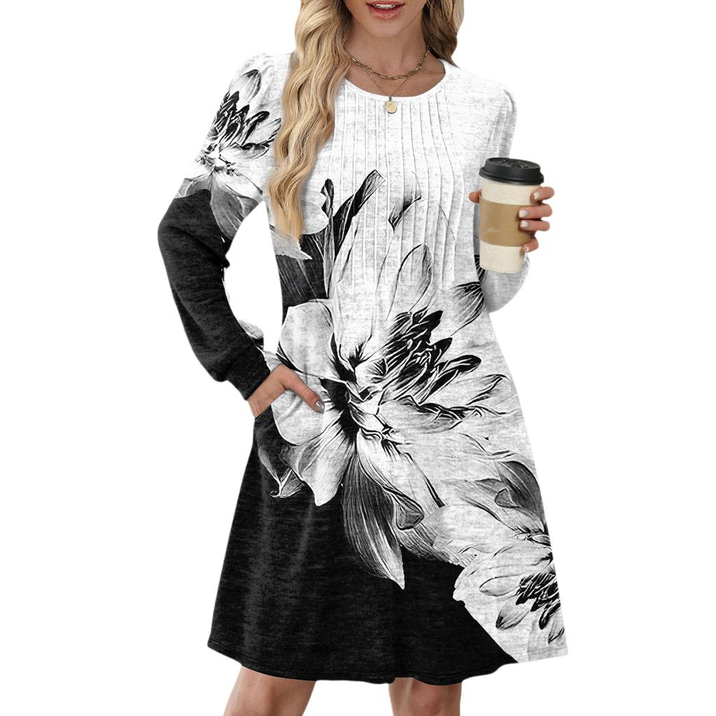 Women's Long Sleeve Pleated Round Neck Floral Print Casual Dress With Pockets