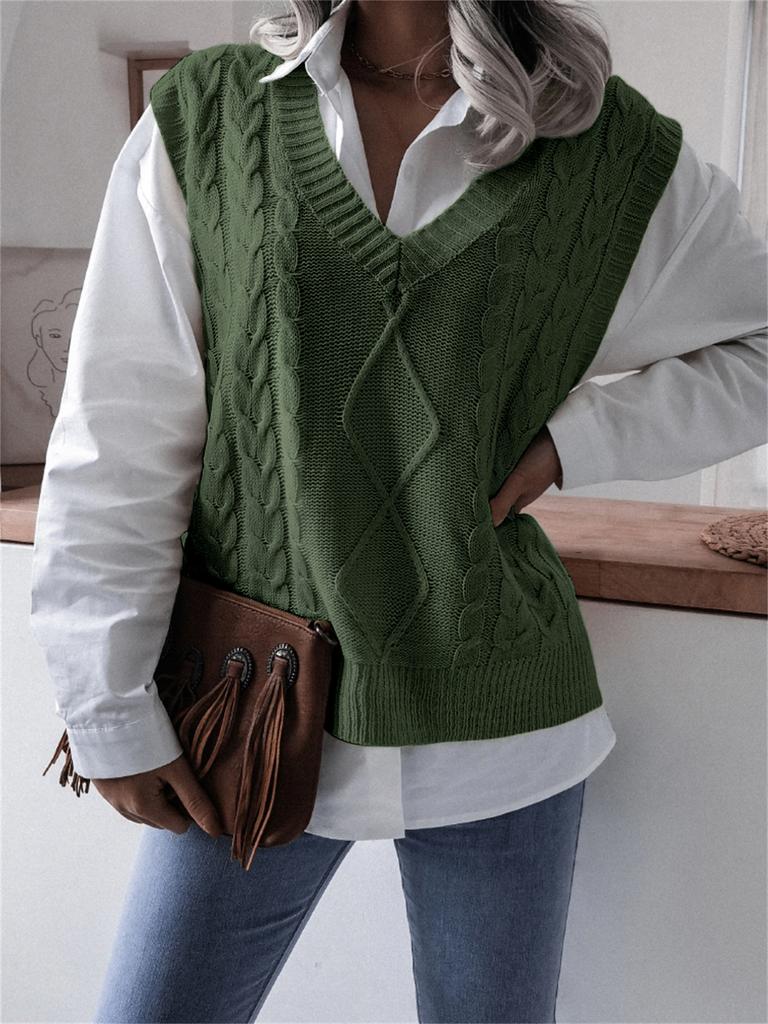 Gilet lavorato a maglia da donna con scollo a V senza maniche vestibilità larga streetwear tinta unita trecce rombi maglione da indossare a strati gilet maglione