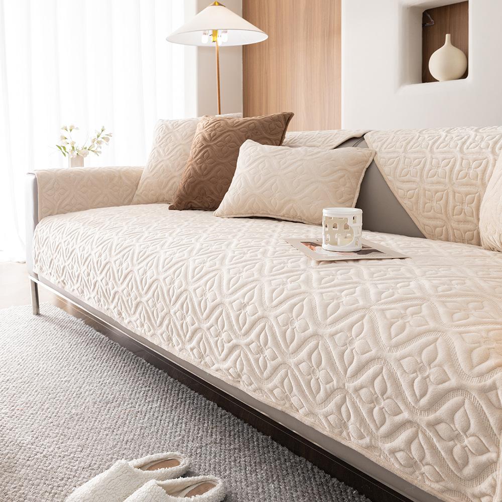 Winter Milk Velvet Sofa Cushion Solid Color Jacquard Sofa Cover Non-Slip Thickening Straight Row Sofa Cushion Cream Style Mat