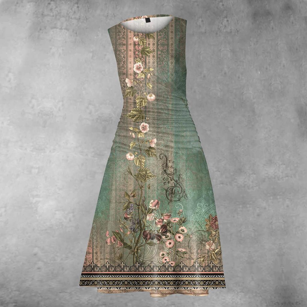 Women's Princess Dress Sexy Round Neck Printed Waist Pulled Sleeveless Dress