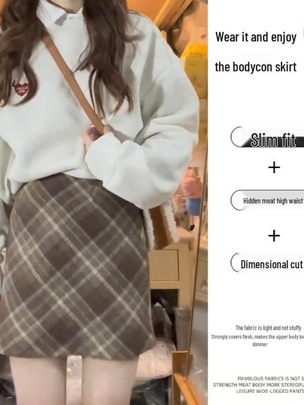 Women's Retro Wool Plaid A-line Skirt - High Waist, Slimming, Anti-exposure, Hip-hugging, Short Korean Style for Autumn/Winter