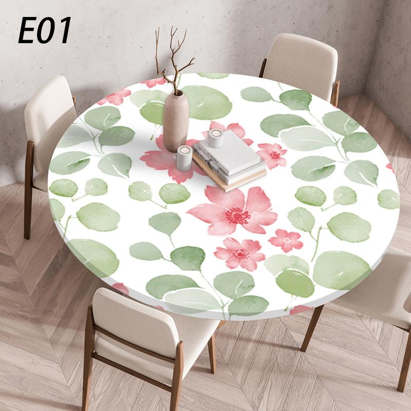 Round Table Cover Waterproof Dustproof Plant Printing Elastic Band Tablecloth Wedding Party Table Cover Kitchen Dining Decor