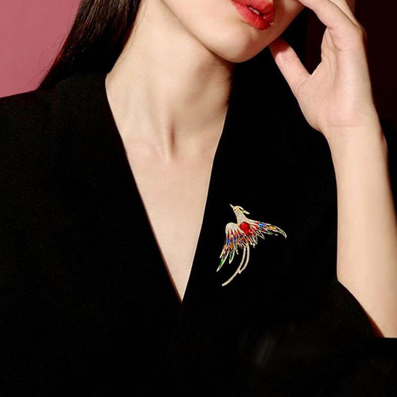 Fashionable Rhinestone Phoenix Brooch with Long Tail Exquisite Accessory for Clothing And Bags Versatile Temperament Piece