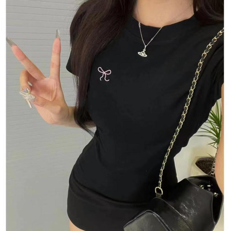 Ins Pure Desire Embroidery Summer Slim-fit Short-sleeved T-shirt Women's Korean Version Bow Round Neck Contrasting Bottom Top Women's