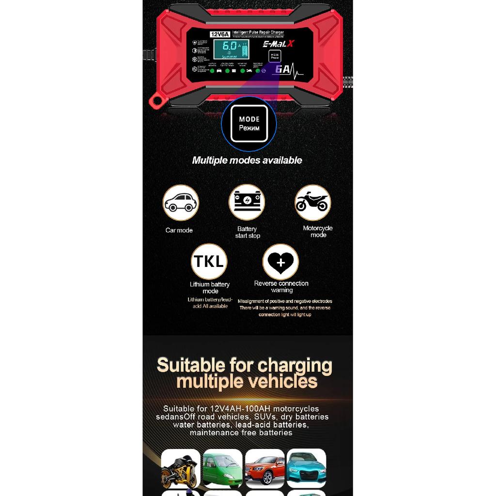 12V 6A Car Battery Charger Pulse Repair LiFePO4 14.6V Smart Fast Charge AGM Deep Cycle GEL Lead-Acid Charger For Auto Motorcycle