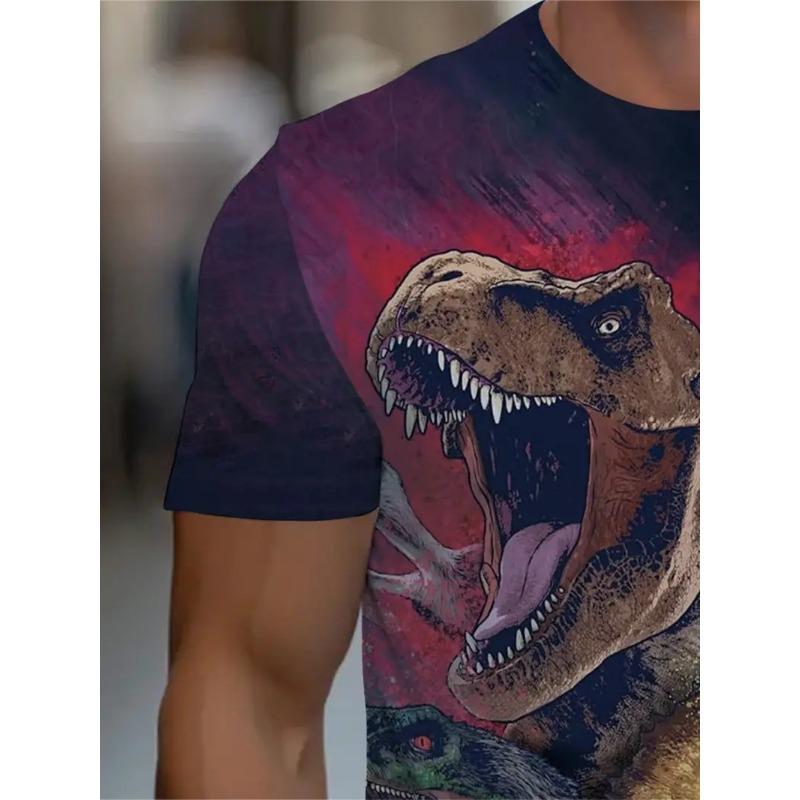 Men's 3D Dinosaur Printed T-shirt Casual Short Sleeved Round Neck Breathable Polyester Fabric Summer Style