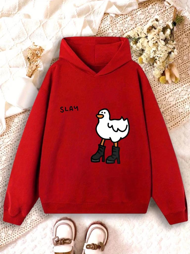 Kids Funny Duck Hoodie Cute Cartoon Animal Graphic Print Girls Boys SLAY Letter Sweatshirt Pullover Hooded Top Casual Spring
