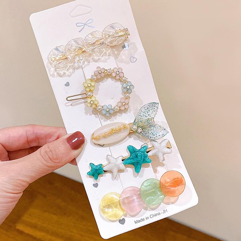 6-Piece Retro Korean Style Hair Clip Set with Bear, Pearl, Rhinestone, and Fairy Designs