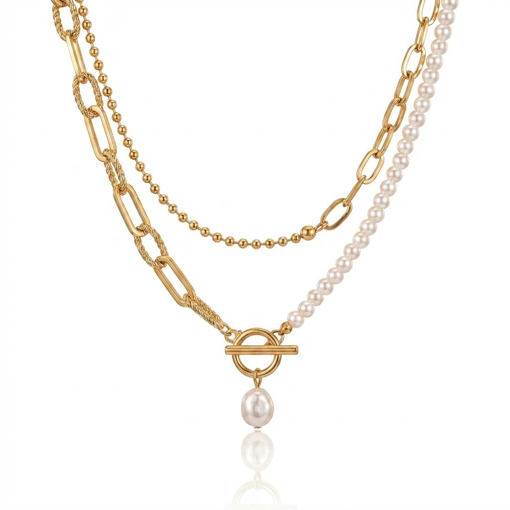 

Faux Pearl Pendant Layered Necklace Vintage Toggle Clasp Splicing Metal Chain Choker For Women Elegant Jewelry Accessories