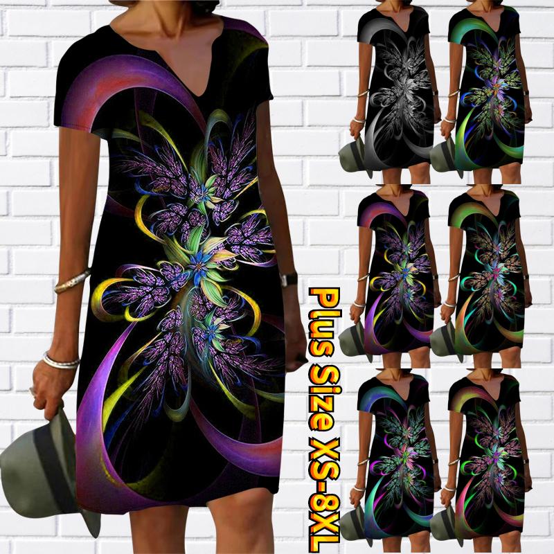 

Летнее модное платье с большим V-образным вырезом Женское платье с коротким рукавом 3D цветное платье с рисовым принтом Свободное повседневное платье для женщин