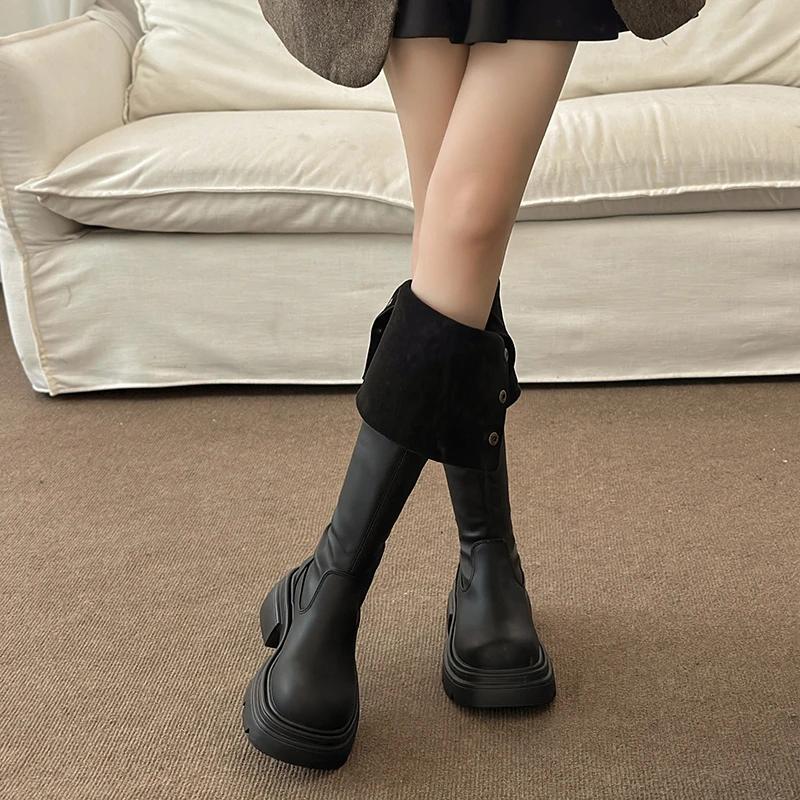 2024 Winter Women's Over-the-knee High Boots Solid Color Slip-ons for Women Elegant Thick-soled Boots Short Plush Women's Shoes