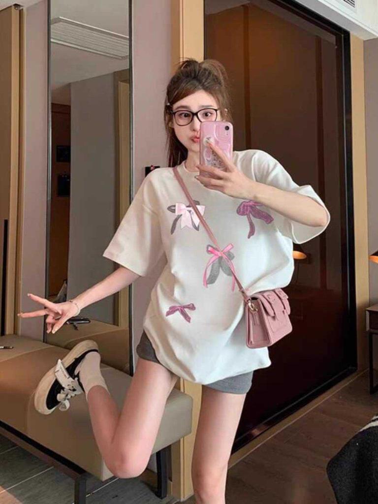 Plus Size Korean Cotton Bow Print Short Sleeve T-shirt for Women - Sweet, Loose, Versatile Slimming Summer Top