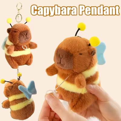 1-20PCS Brown Soft Capybara Key Ring Cross Dressing Funny Plush Bee Pendant Fur Pulling Rope Cartoon Animal Keychain Couple