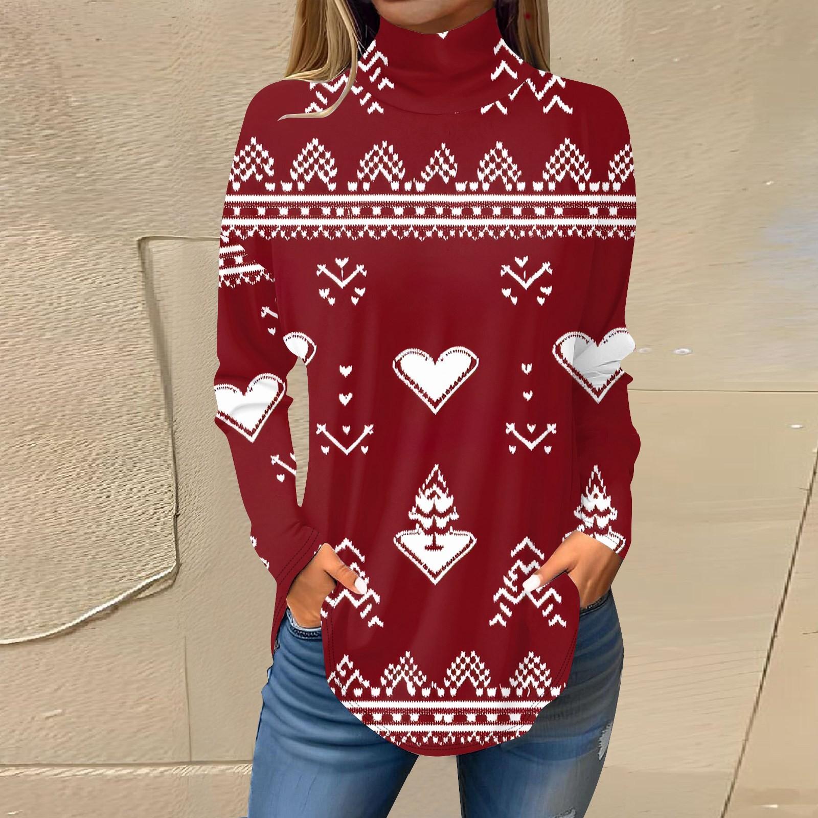 

Женская модная повседневная футболка с высоким воротом и рождественским принтом, длинный рукав, пуловер, топ XL винный