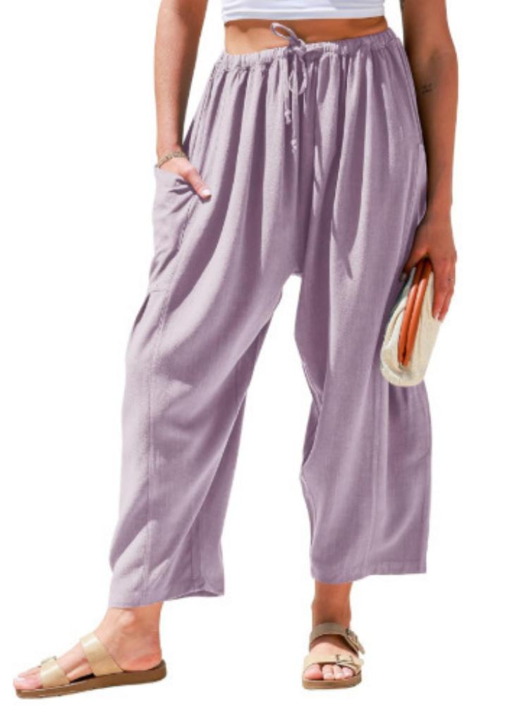 Elastic waisted pleated high waisted wide leg pants, loose casual cotton and linen pants