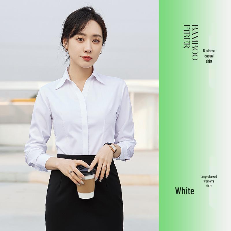 Damen Rosa V-Ausschnitt Bambusfaser Stretch Shirt - Gestickte Formelle Kleidung für Büro, Verkauf und Hotel Rezeption