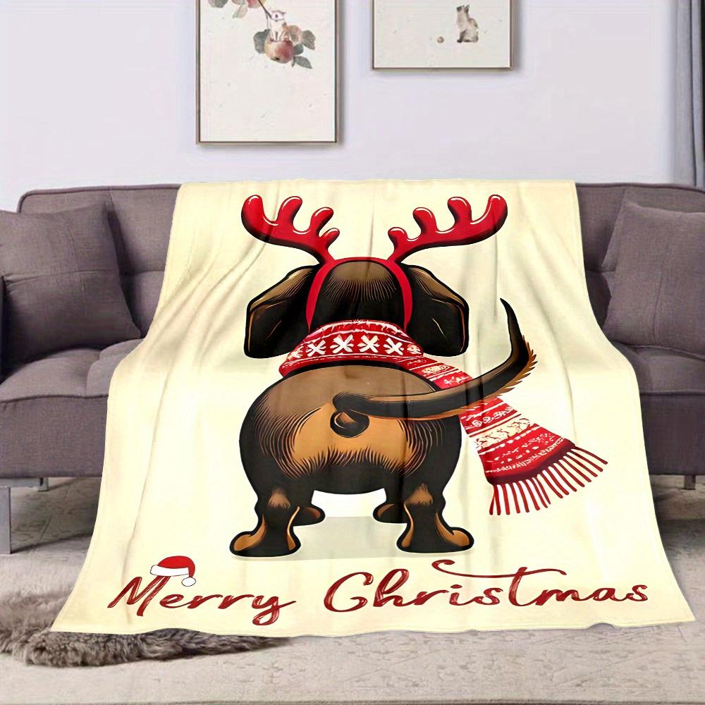 Christmas Dachshund Print Flannel Throw Blanket - Reversible Machine Washable All Seasons Gift