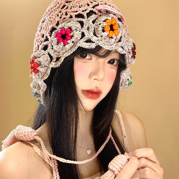 Handmade crochet flower fringe hollow hat female face small knitted bag hat