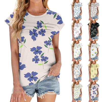 Women's Fashion Casual Short Sleeve Basic Texture Floral Round Neck T-Shirt Cap Sleeve Top