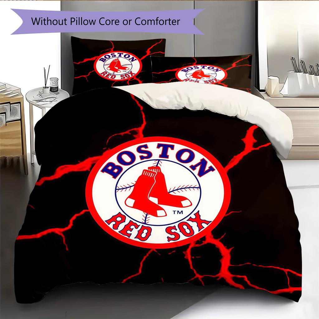 Boston Red Sox Pattern Bedding Quilt Set  Home Decoration  Gift (1 * Duvet Cover + 2 * Pillowcase  Without Core)