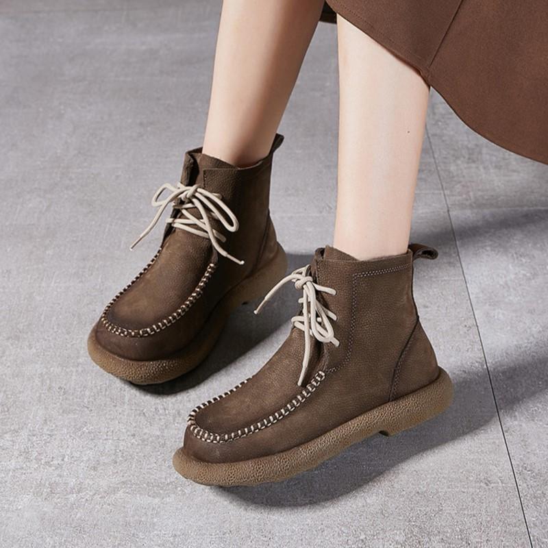Johnature Retro Women's Ankle Boots Thick Soled Genuine Leather Lace Up Handmade Cowhide Short Boots