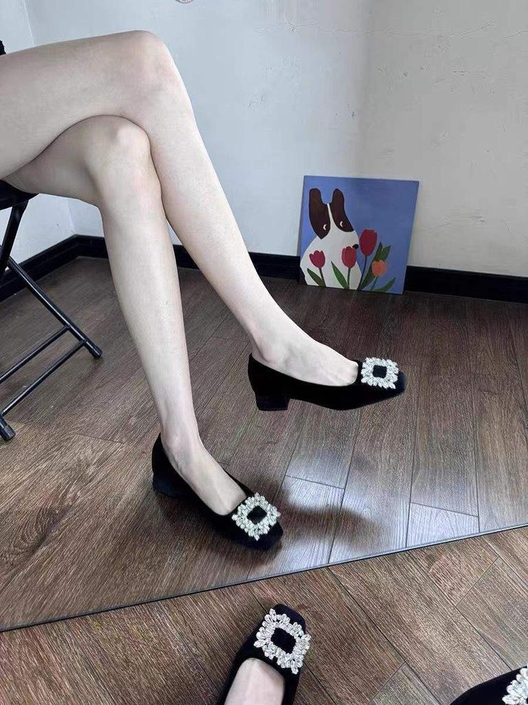Black square head high heels women's thick heel 2025 new rhinestone versatile French temperament Mary Jane square diamond single shoes women