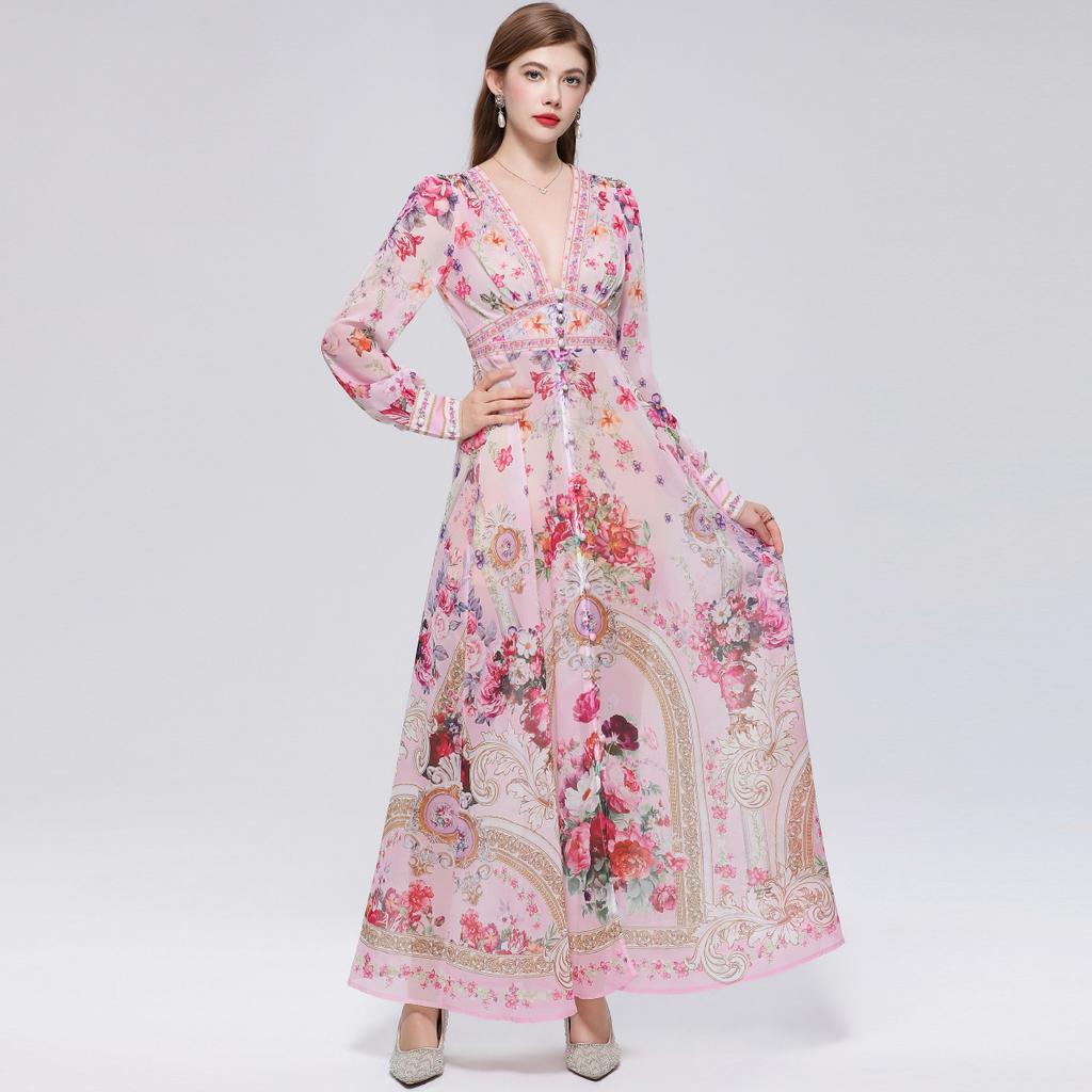 Summer Holiday Gorgeous Flower Beach Dress Women Deep V-Nek Long Sleeve Floral Print High Elastic Waist A-Line Maxi Dress