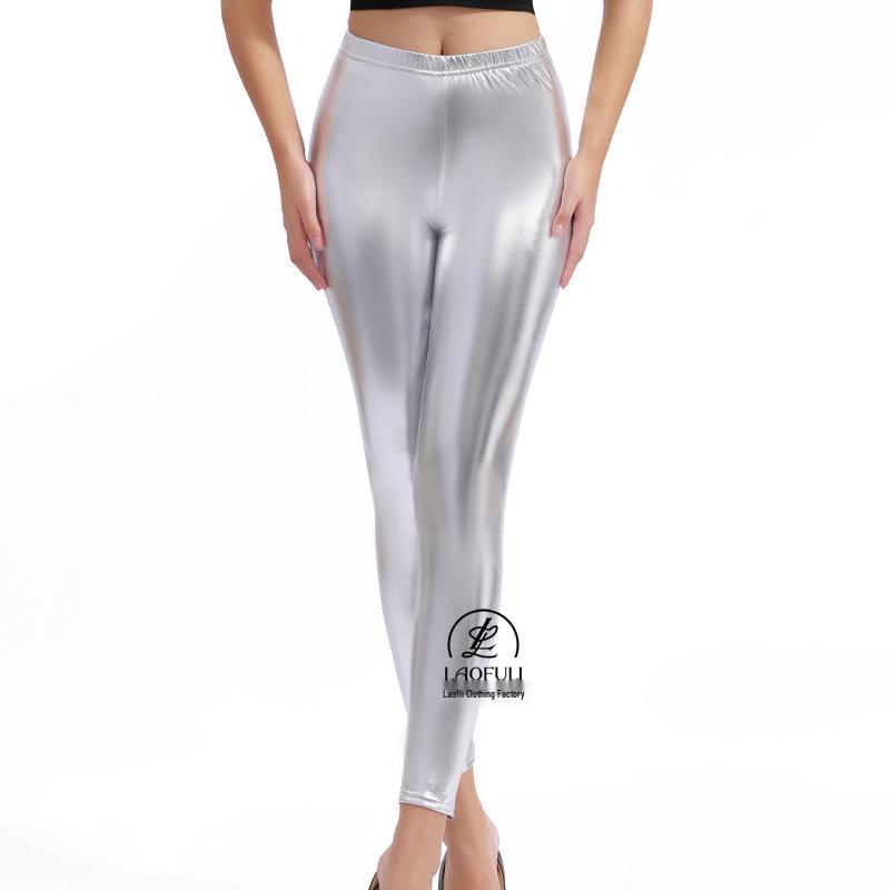Gold Stamped Faux Leather Shiny Leggings - European & American Style, Candy Color, Nightclub Tight Cropped Pants