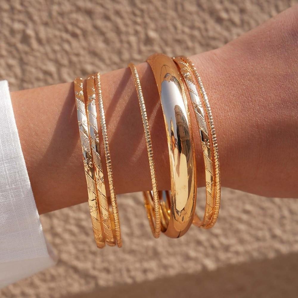 6Pcs/7Pcs Europe American Style Wide Open Bangle Set Gold Silver Exaggerated Bracelet Girls