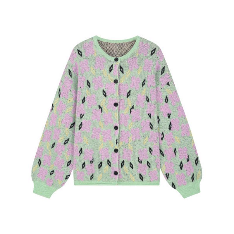 Women s Soft Floral Knit Cardigan - Spring/Autumn 2025: Elegant Long Sleeve, Round Neck Design S
