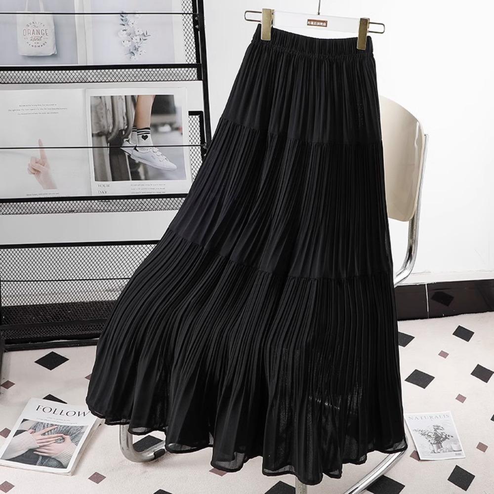 DIMANAF 2026 Summer Women New Skirts Chiffon Solid Elastic Waist Pleated Mesh Elegant Skirts
