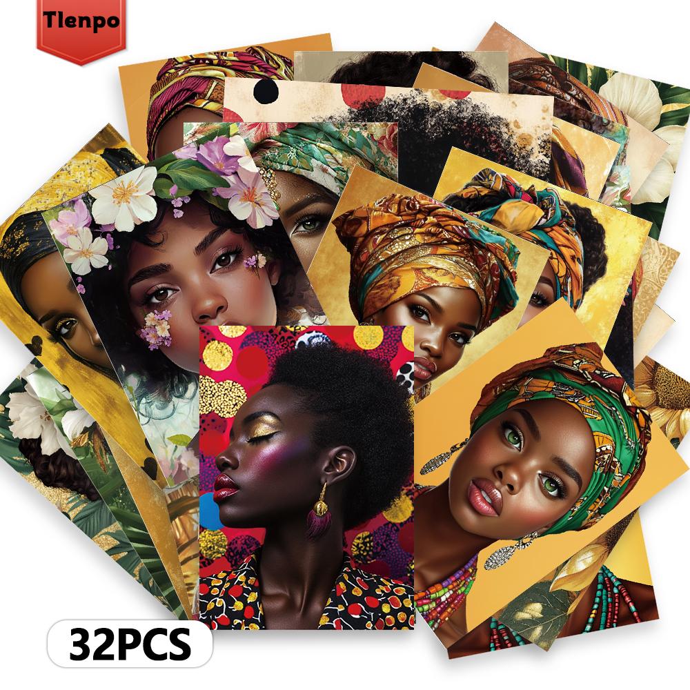 32pcs, Black Women Portrait Postcards, Feminine Charm, Birthday/Anniversary Gifts, Collectibles, Suitable for Gifting, Mailable.