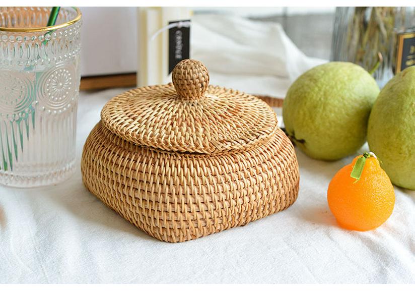 Vietnamese Woven Rattan Snack & Game Storage Basket with Lid