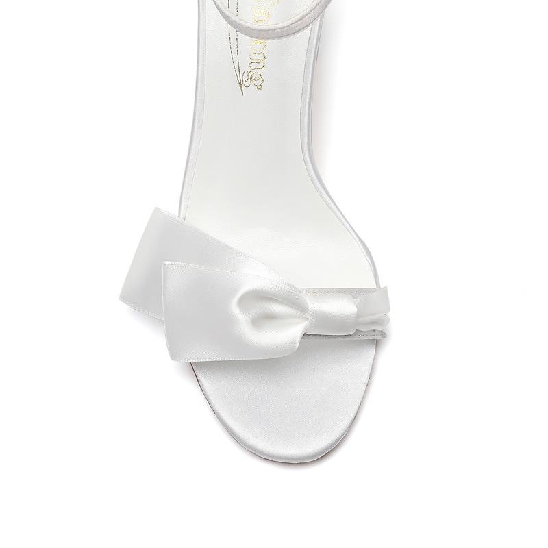 7Cm thick heel light mouth word with sandals ribbon bow satin bridal wedding dress open-toed women's sandals