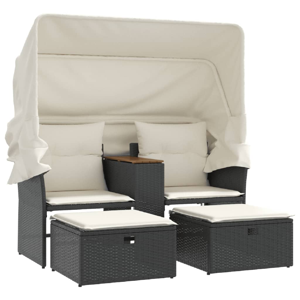 2 Seater Garden Sofa with Canopy and Footstools Black Poly Rattan