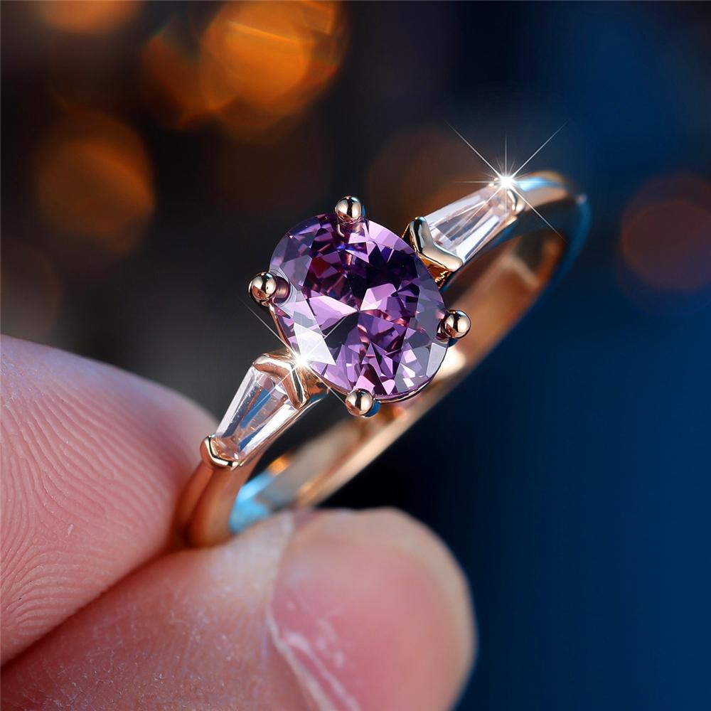 

Trendy Purple Zircon Crystal Oval Stone Vintage Gold Color Wedding Bands Engagement Rings For Wome Jewelry 8